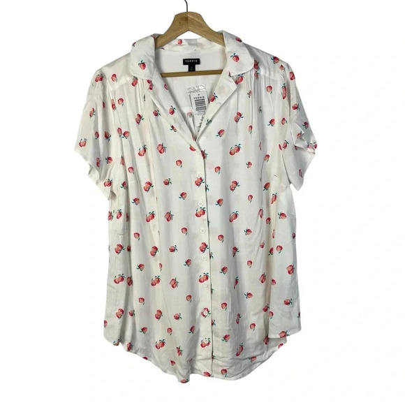 Torrid White Peach Printed Rayon Short Sleeve Button Down 1 - Picture 2 of 6